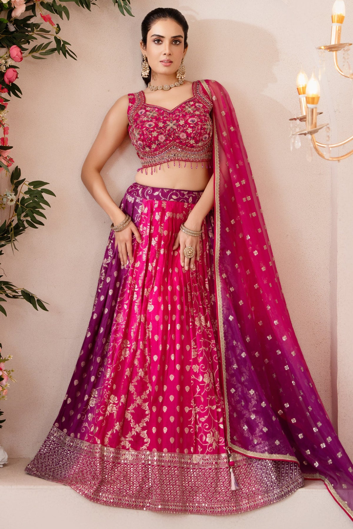 Multi Colored Ombre Georgette Woven Lehenga