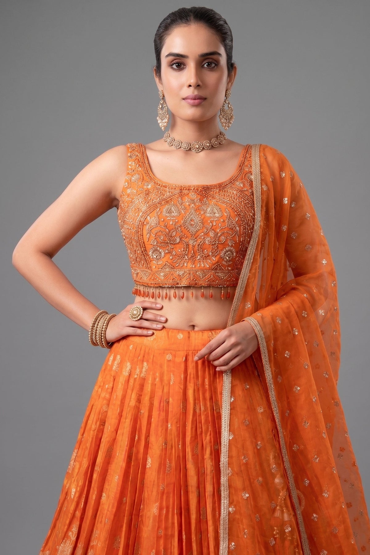 Orange Organza Woven Pleated Lehenga