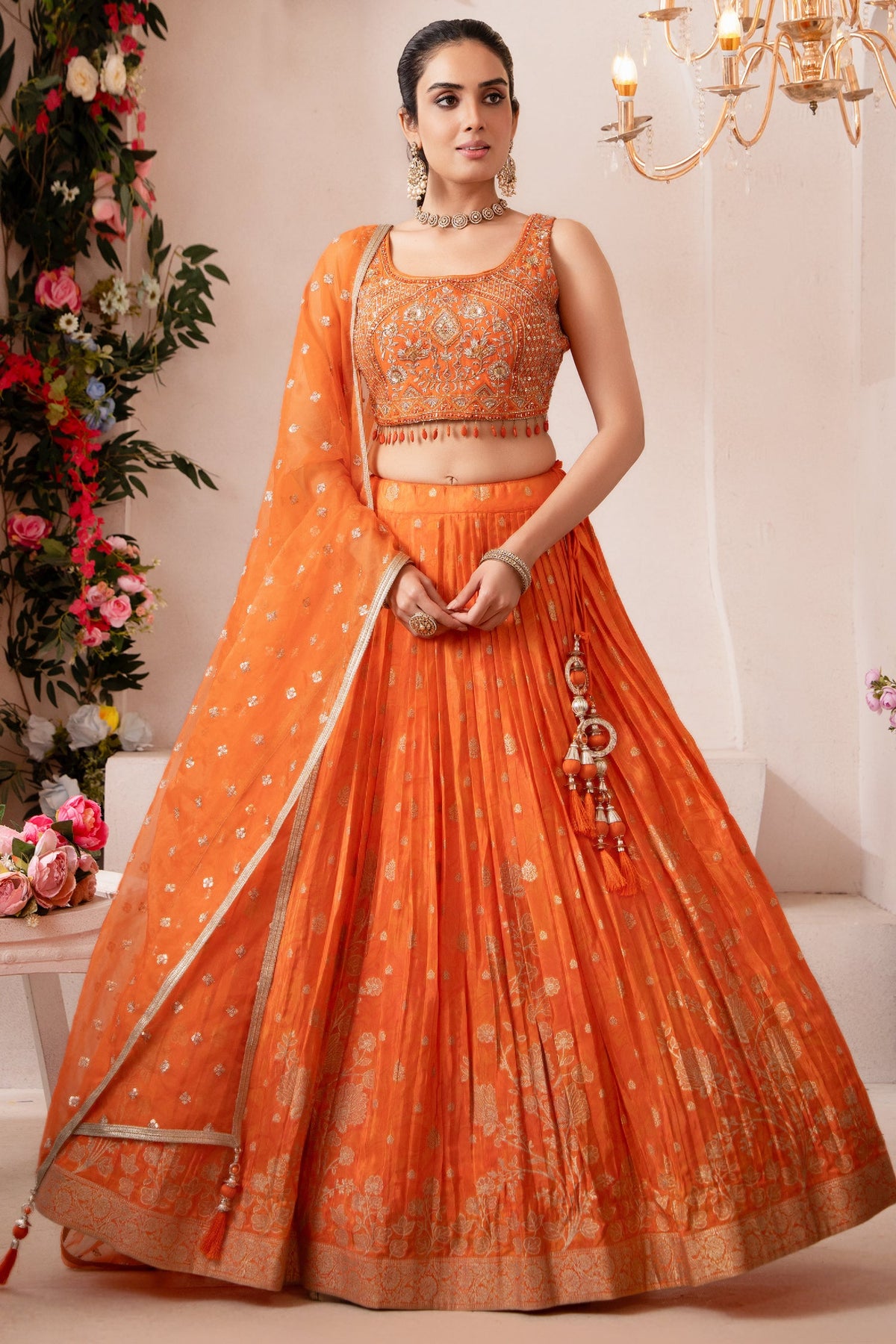 Orange Organza Woven Pleated Lehenga