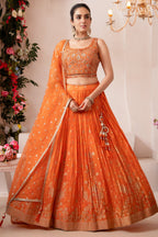 Orange Organza Woven Pleated Lehenga