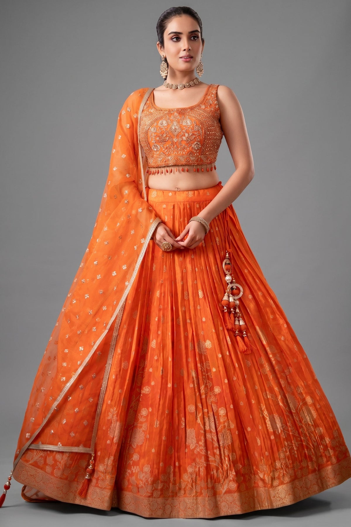 Orange Organza Woven Pleated Lehenga