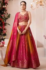 Multi Colored Ombre Organza Bandhej Printed Lehenga