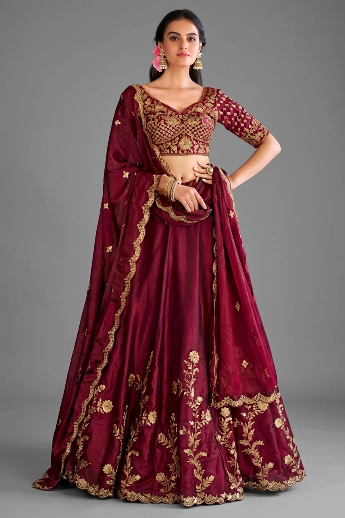 Maroon Art Silk Lehenga with Embroidery - CCHF1161