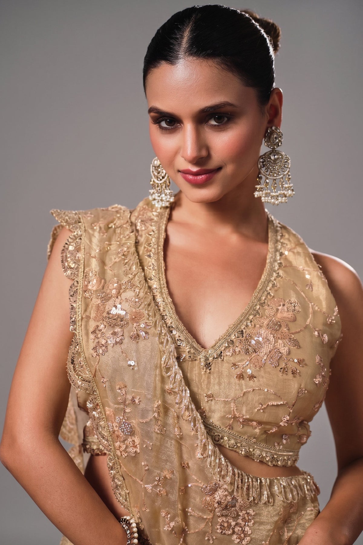 Metallic Beige Crushed Tissue Festive Lehenga Choli
