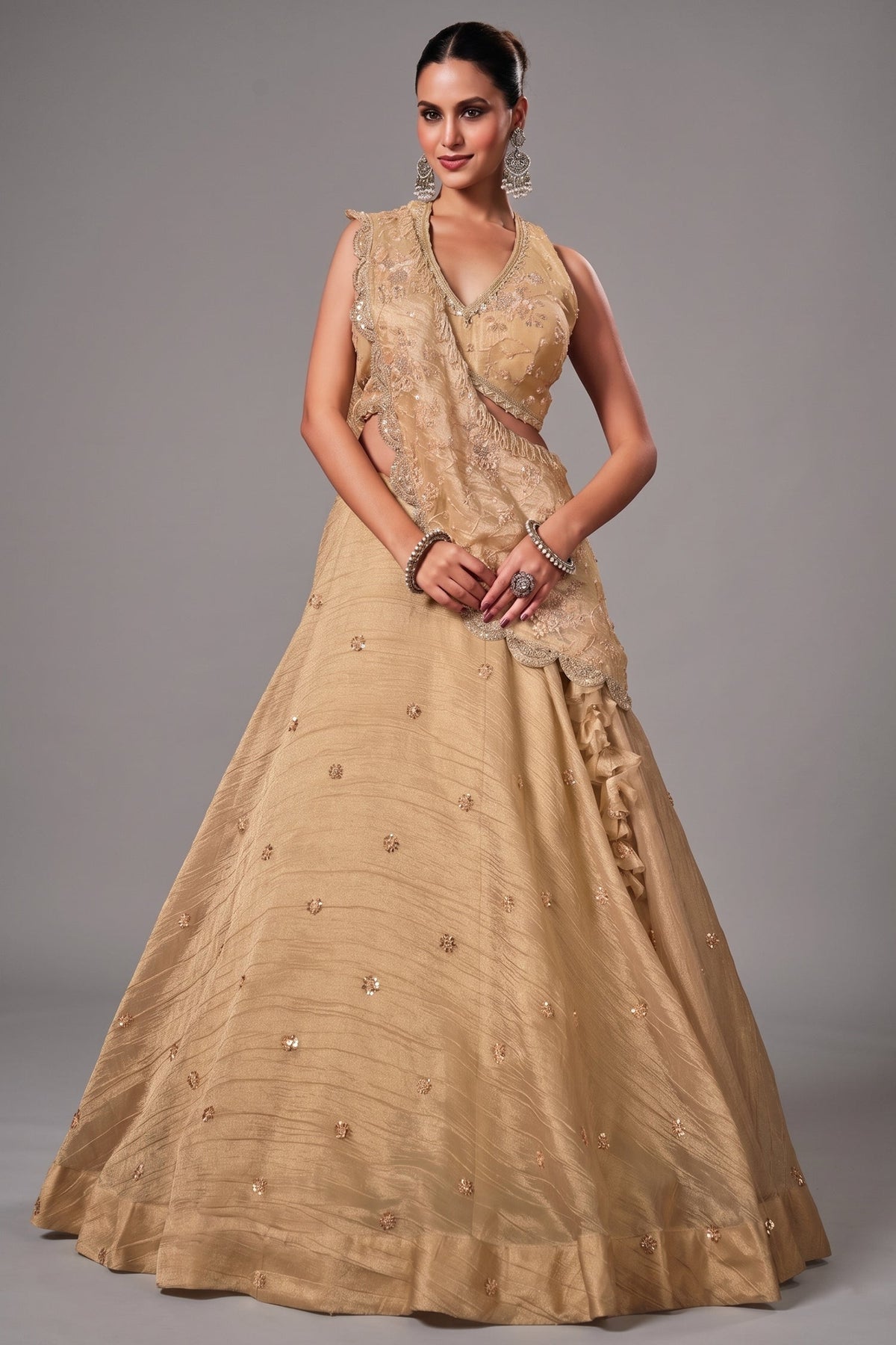 Metallic Beige Crushed Tissue Festive Lehenga Choli
