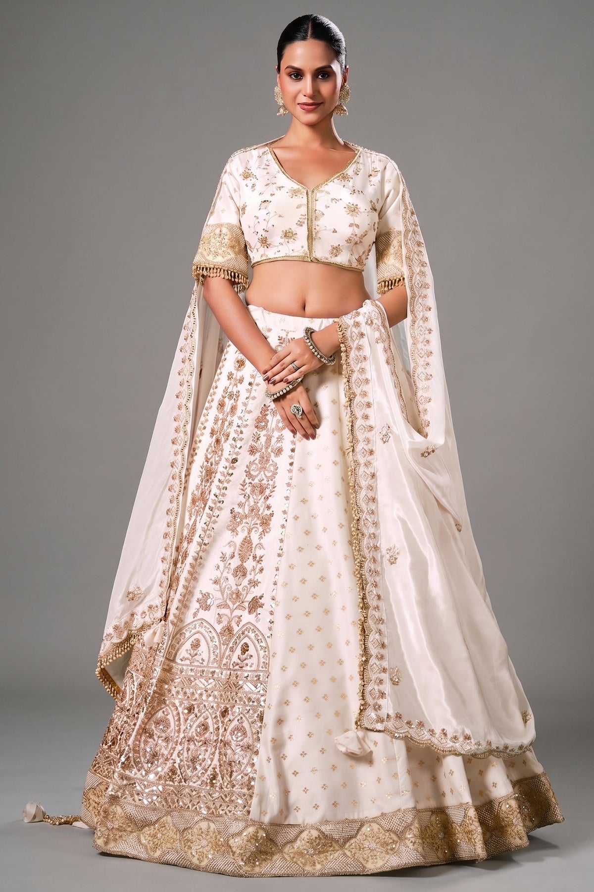 Ivory Premium Dola Silk Lehenga with Intricate Handcrafted Borders