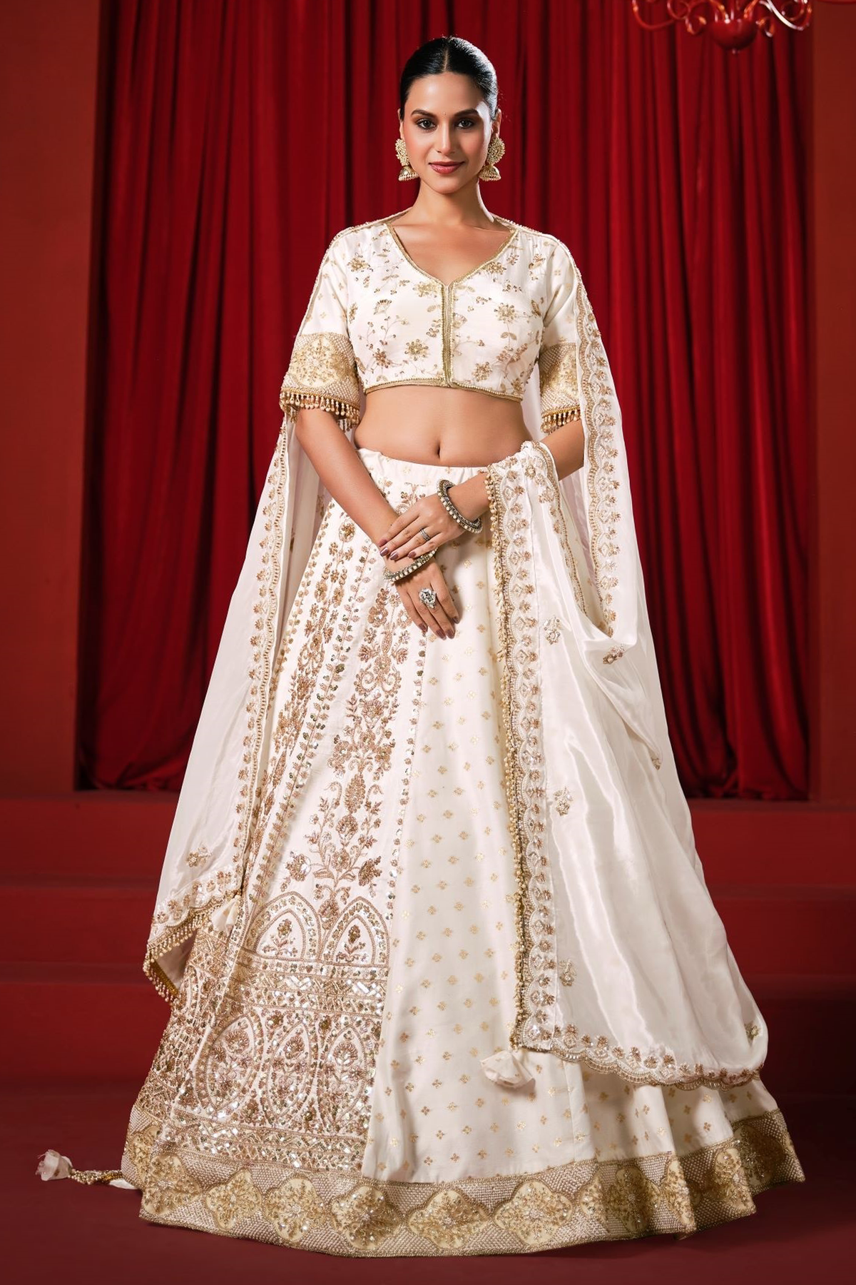 Ivory Premium Dola Silk Lehenga with Intricate Handcrafted Borders
