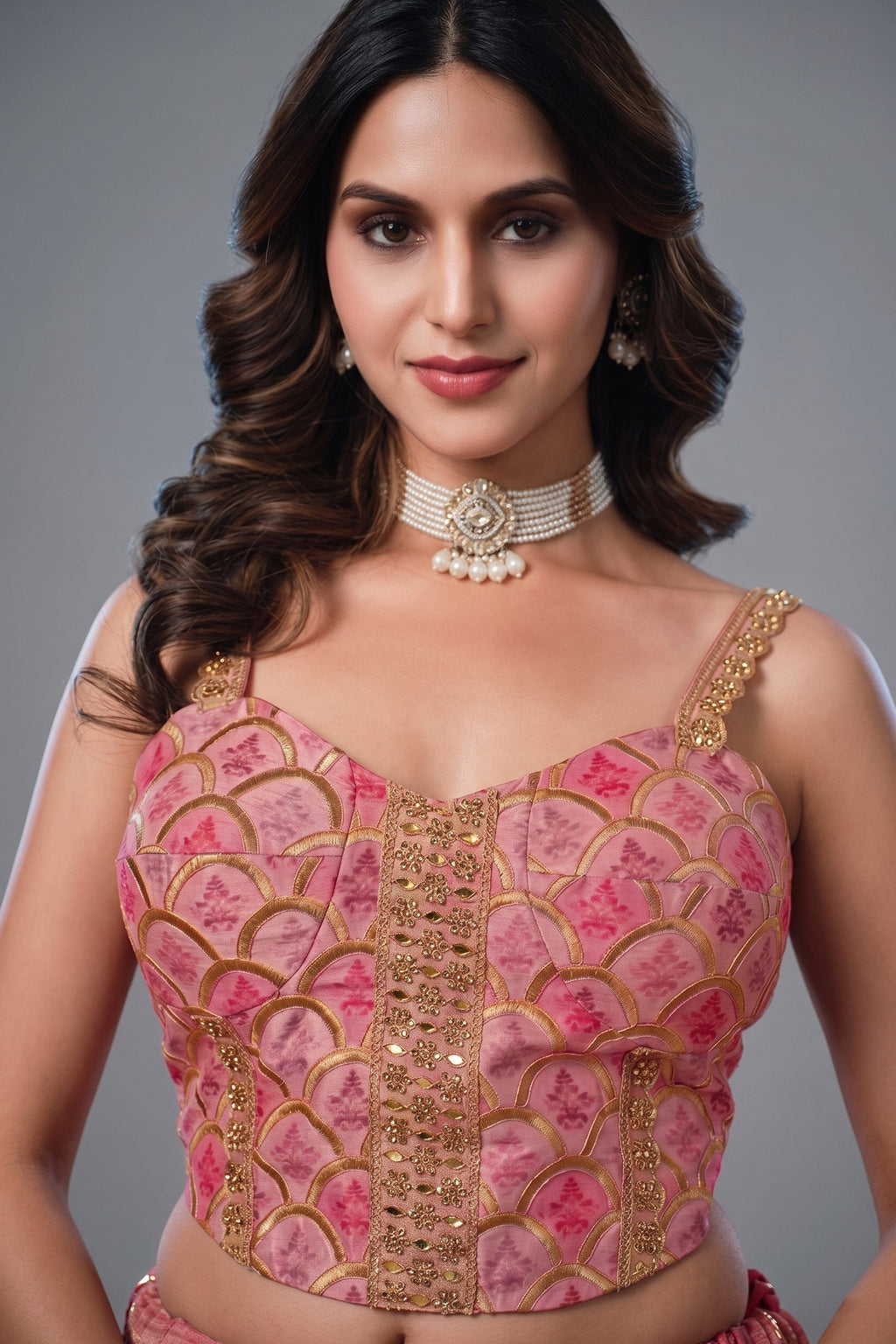 Onion Pink Brocade Lehenga with Crushed Tissue Dupatta and Embroidered Choli