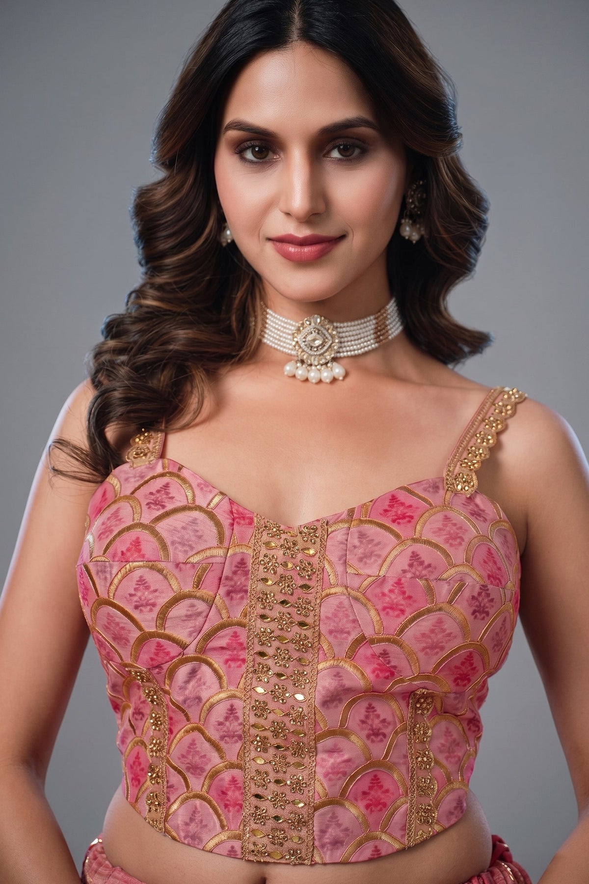 Onion Pink Brocade Lehenga with Crushed Tissue Dupatta and Embroidered Choli