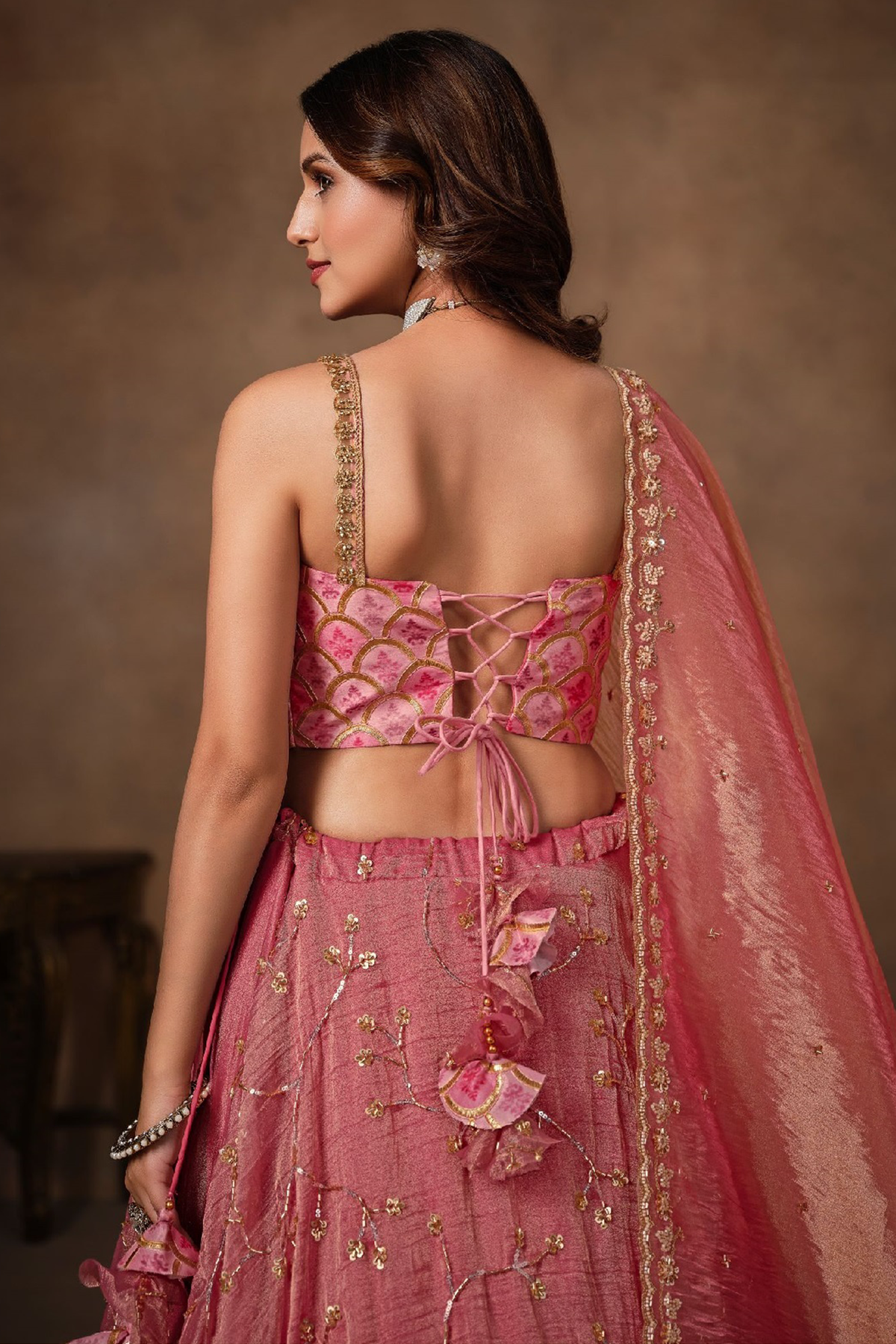 Onion Pink Brocade Lehenga with Crushed Tissue Dupatta and Embroidered Choli