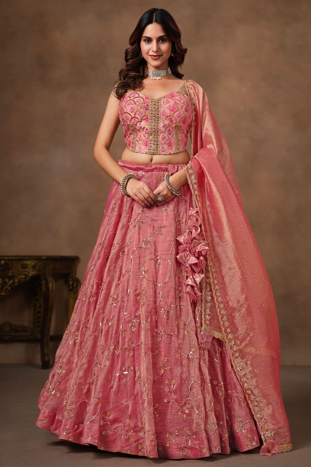 Onion Pink Brocade Lehenga with Crushed Tissue Dupatta and Embroidered Choli