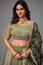 Sage Green Glass Tissue Lehenga Choli with Green Bandhej Dupatta