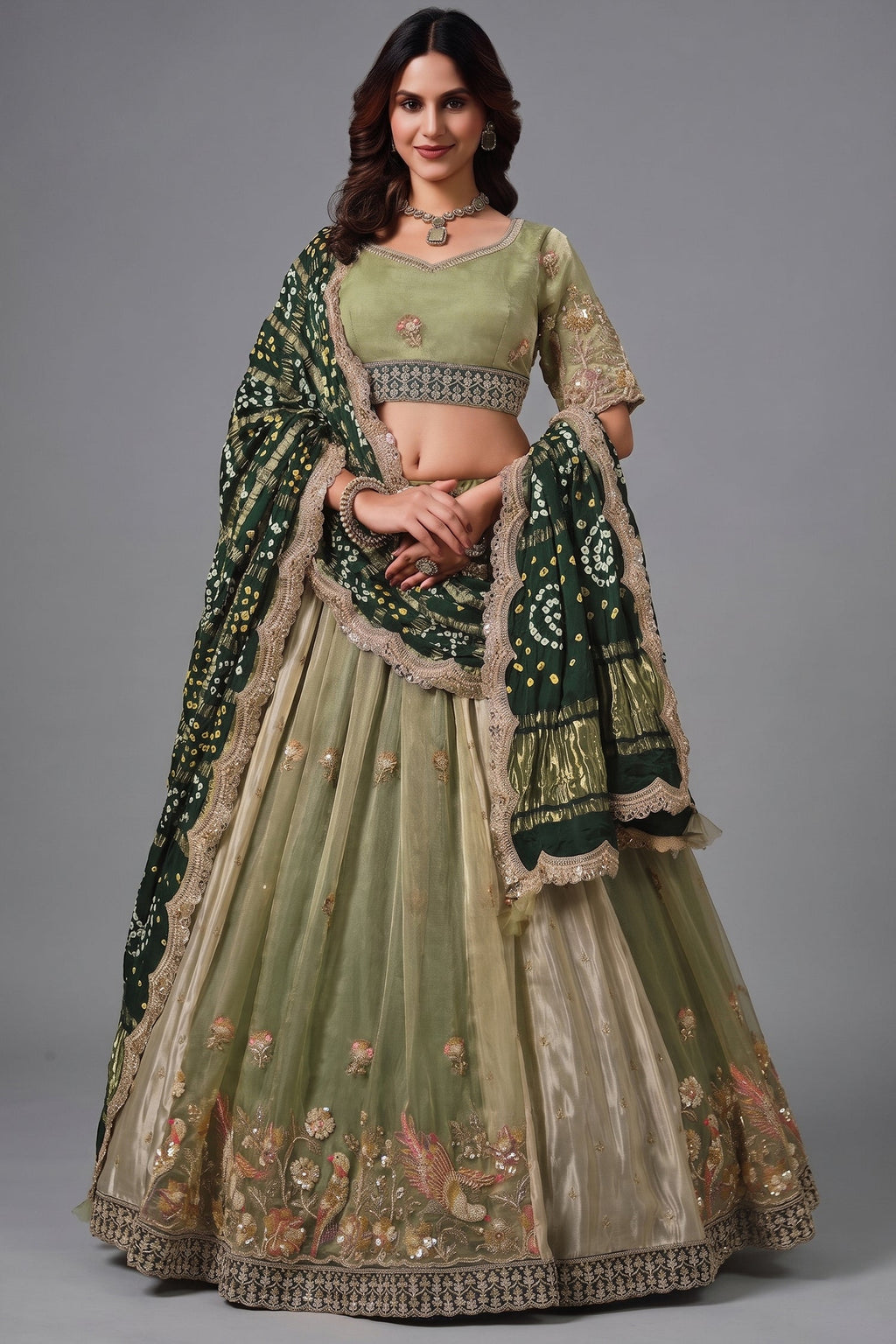 Sage Green Glass Tissue Lehenga Choli with Green Bandhej Dupatta