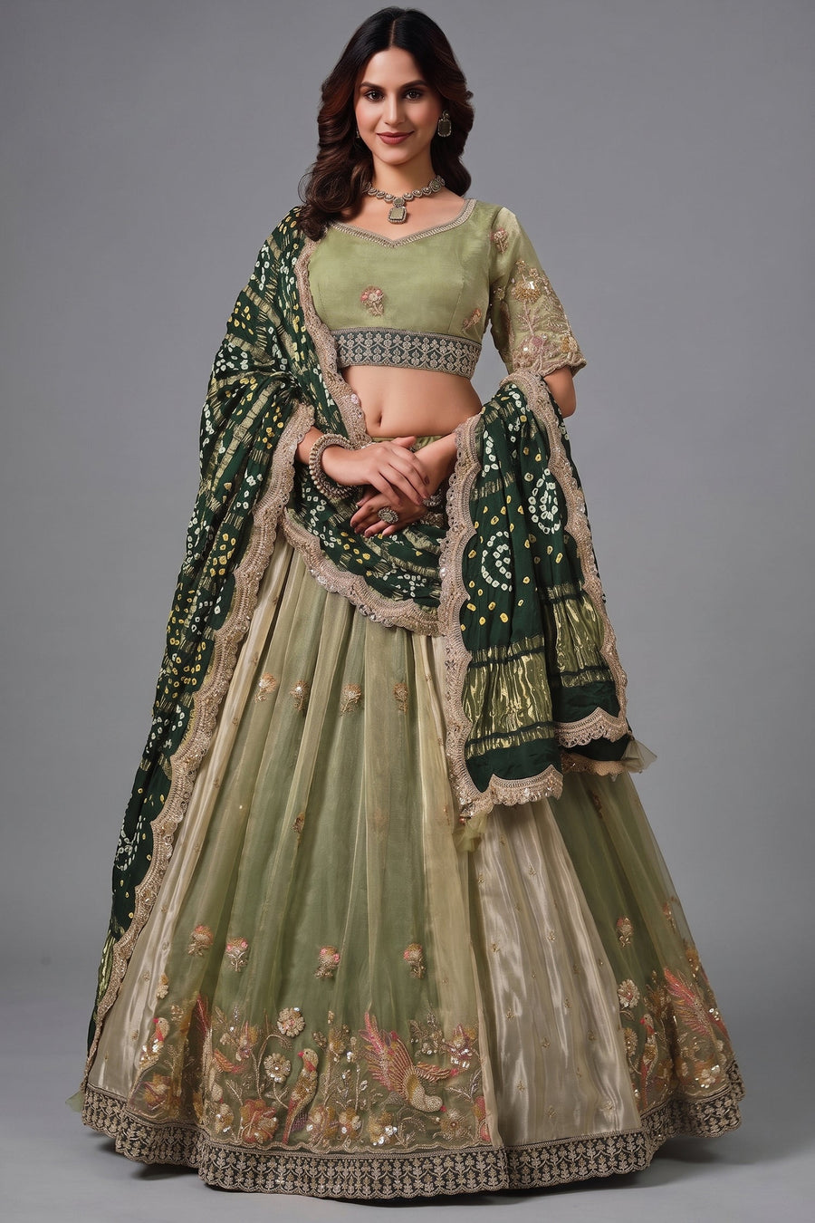 Sage Green Glass Tissue Lehenga Choli with Green Bandhej Dupatta from Asopalav