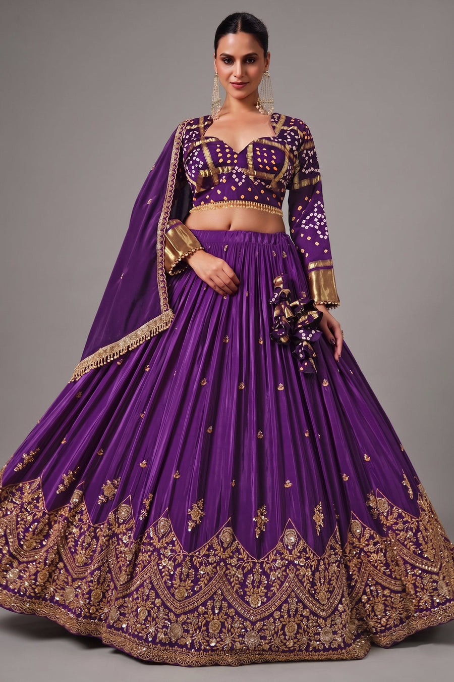 Deep Purple Crape Lehenga with Bandhani Choli from Asopalav