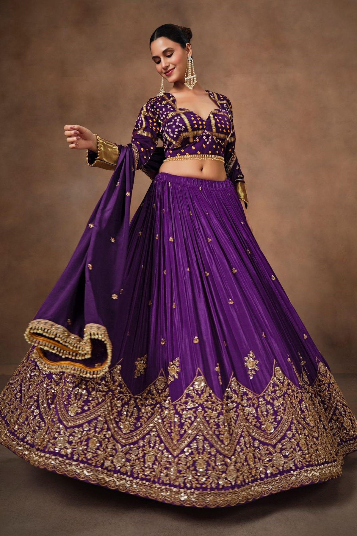 Deep Purple Crape Lehenga with Bandhani Choli