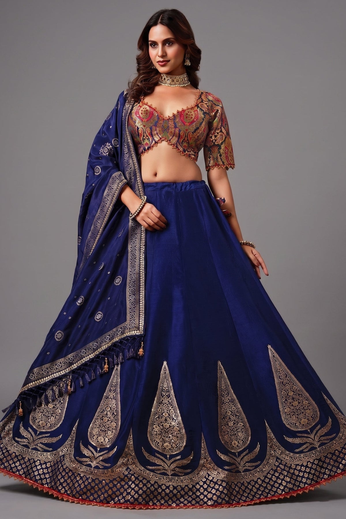 Dark Blue Banarasi Kinkhab and Dola Silk Heritage Lehenga Choli