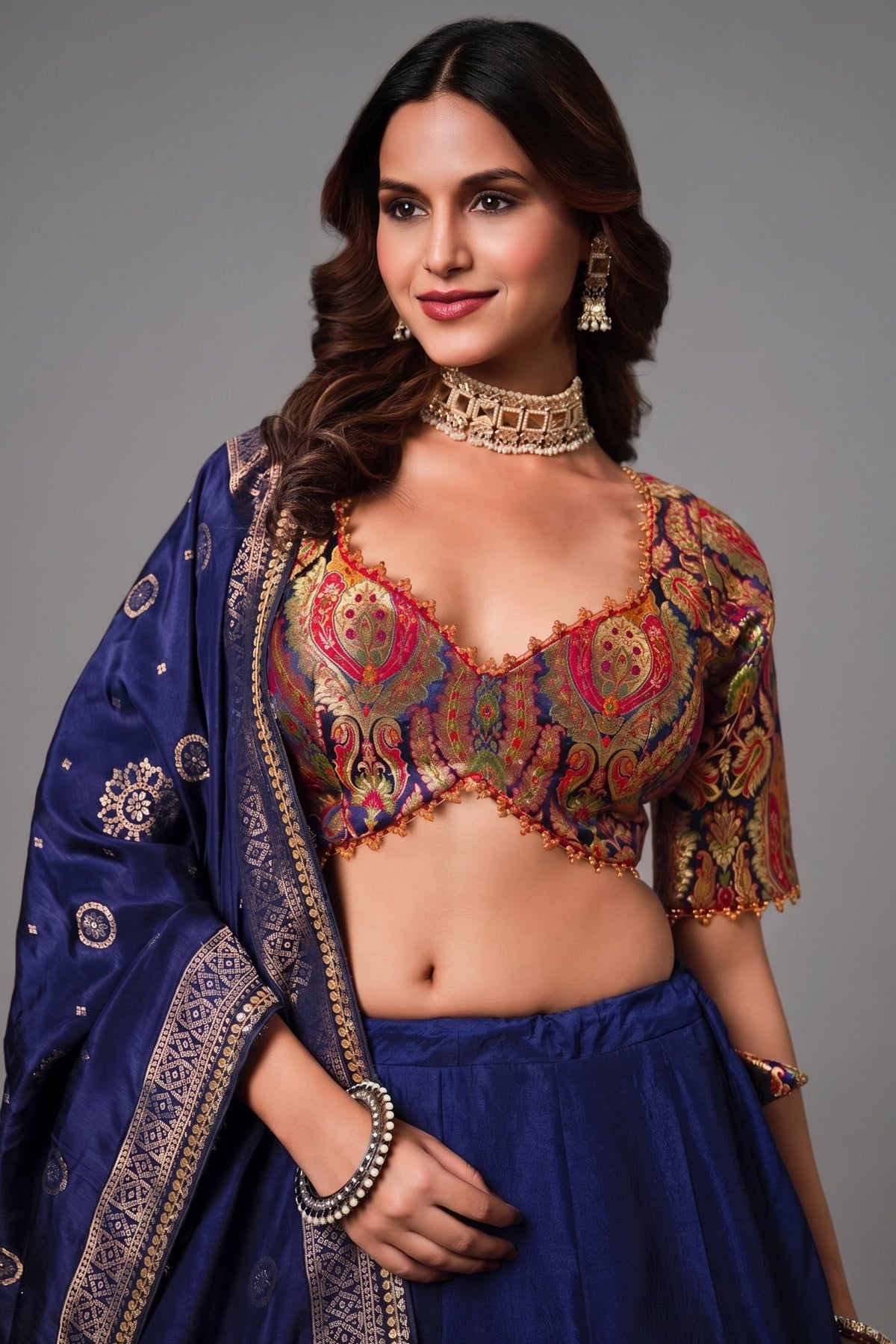 Dark Blue Banarasi Kinkhab and Dola Silk Heritage Lehenga Choli