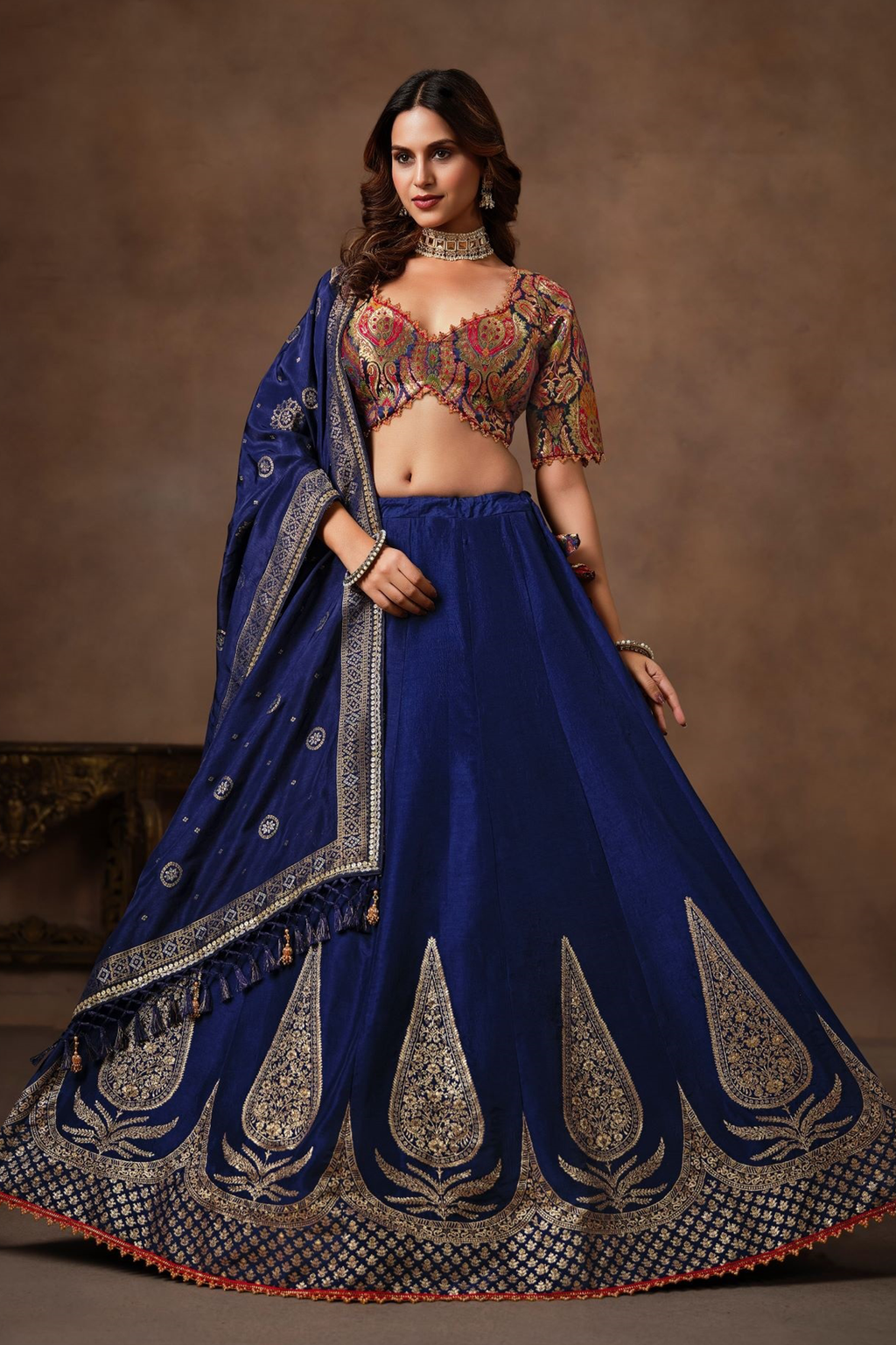 Dark Blue Banarasi Kinkhab and Dola Silk Heritage Lehenga Choli