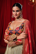 Cream and Gold Tissue Lehenga with Patola Choli and Rust Red Embroidered Dupatta