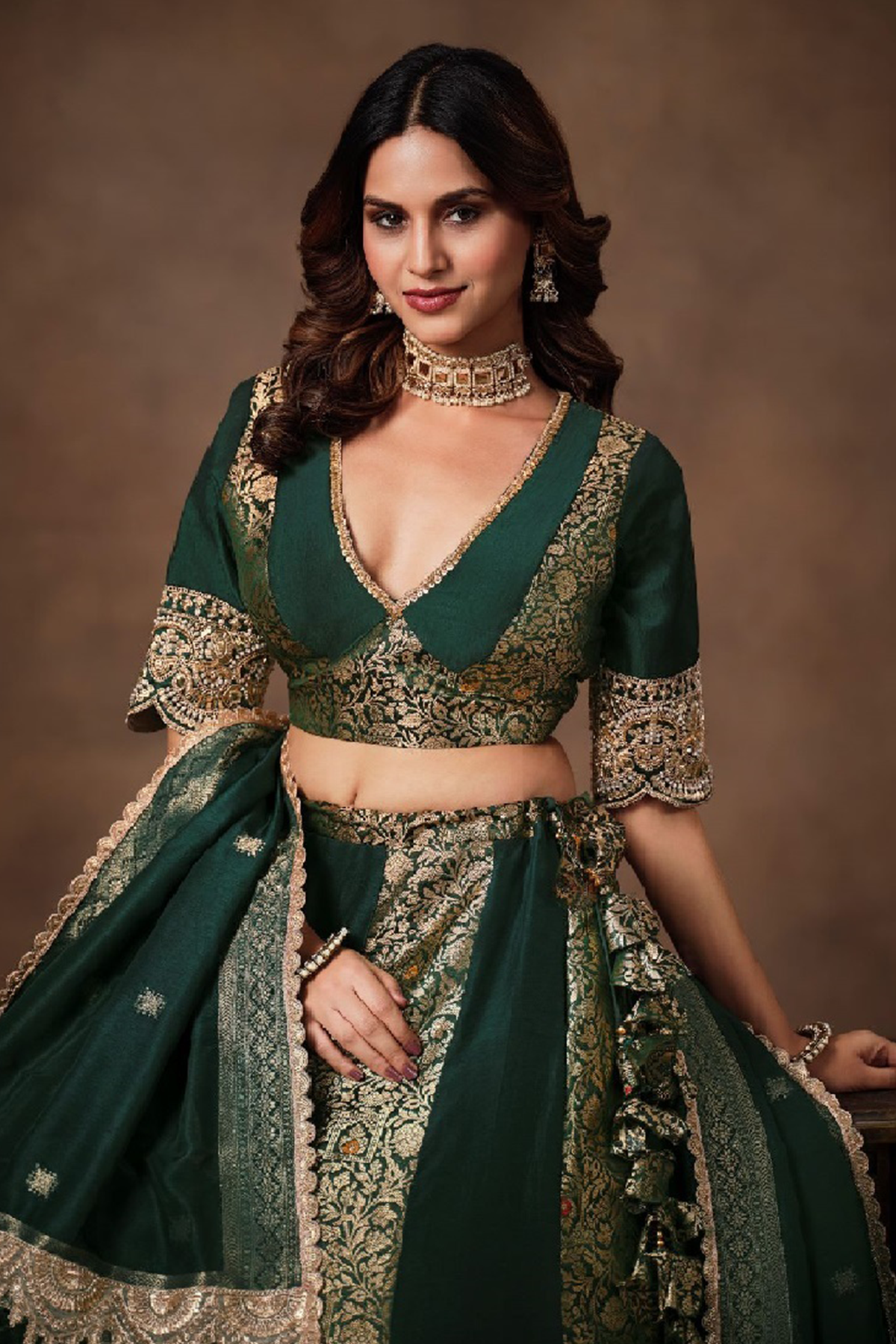 Deep Forest Green Kimkhab Silk Panelled Lehenga with Heavy Worked Border