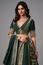 Deep Forest Green Kimkhab Silk Panelled Lehenga with Heavy Worked Border