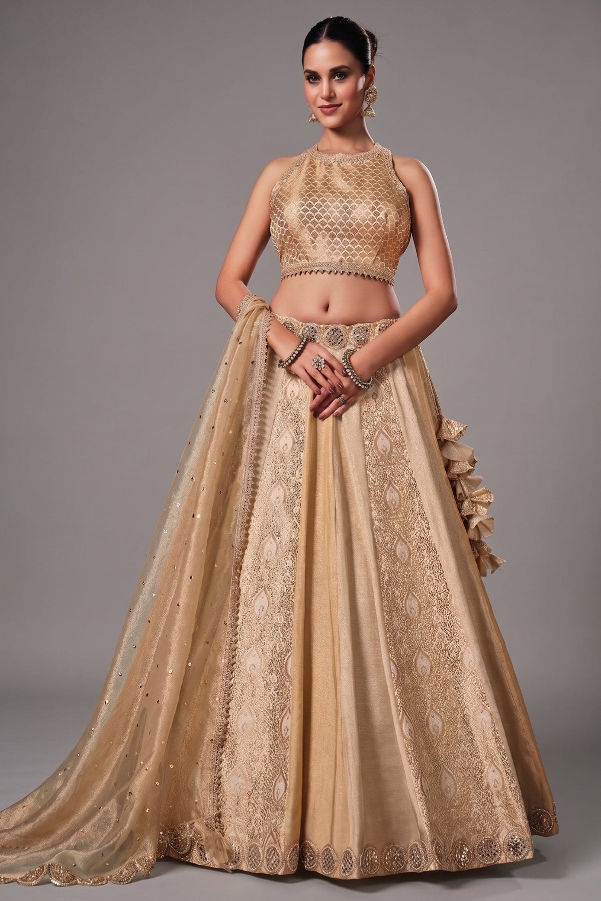 Ivory Tissue Silk and Banarasi Brocade Lehenga Choli
