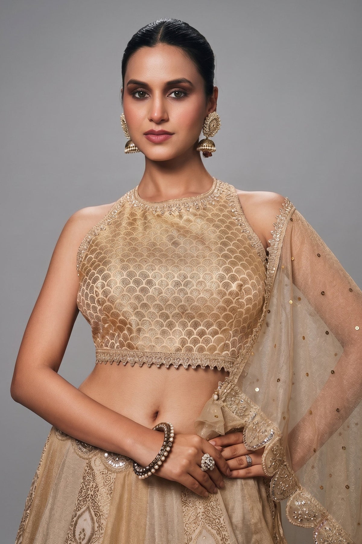 Ivory Tissue Silk and Banarasi Brocade Lehenga Choli