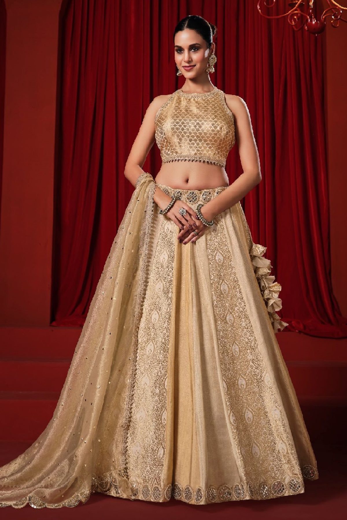 Ivory Tissue Silk and Banarasi Brocade Lehenga Choli