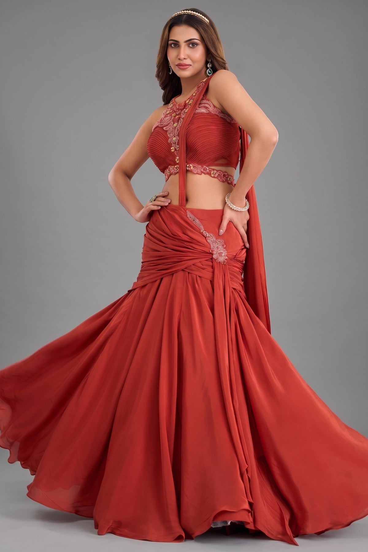 Rust Orange Satin Crepe Silk Draped Skirt Set with Halter-Neck Pleated Bustier and Attached Dupatta