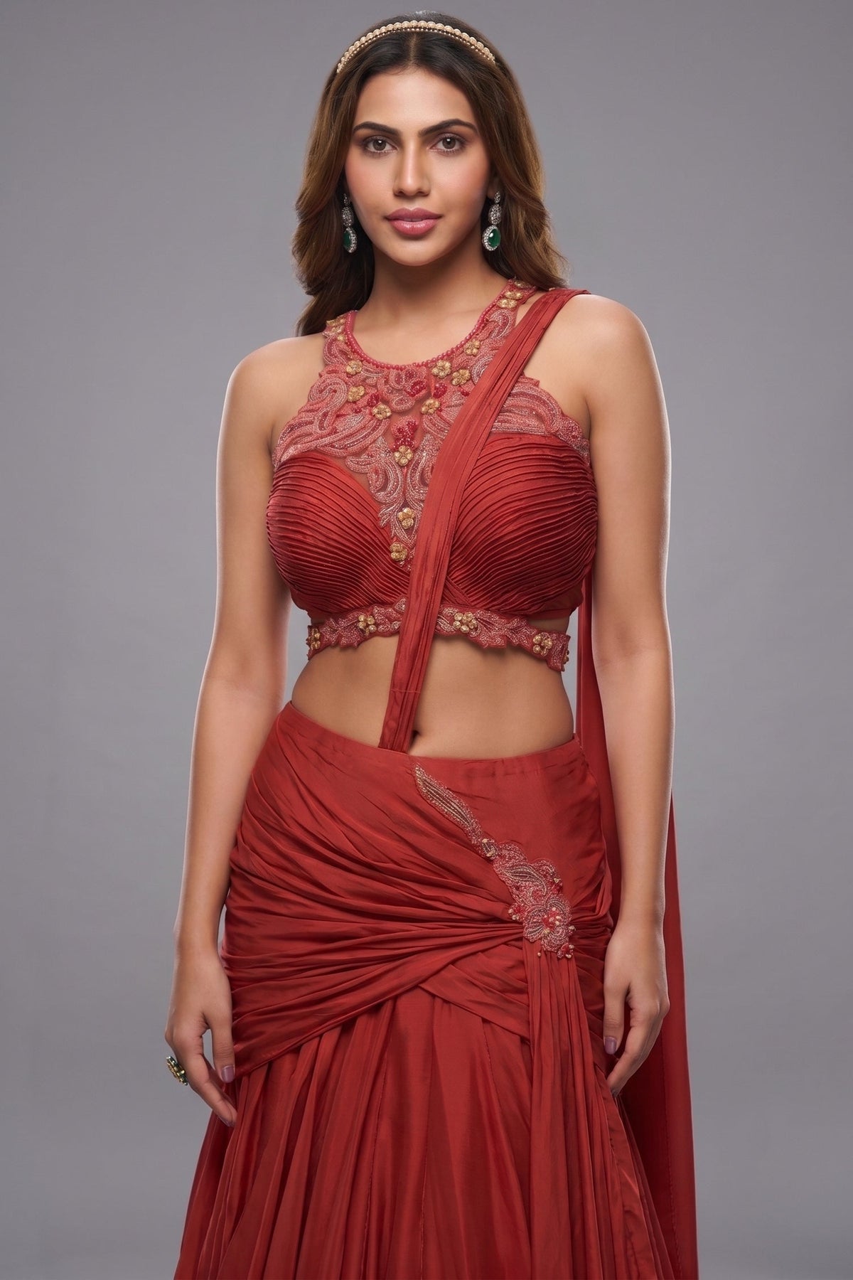 Rust Orange Satin Crepe Silk Draped Skirt Set with Halter-Neck Pleated Bustier and Attached Dupatta
