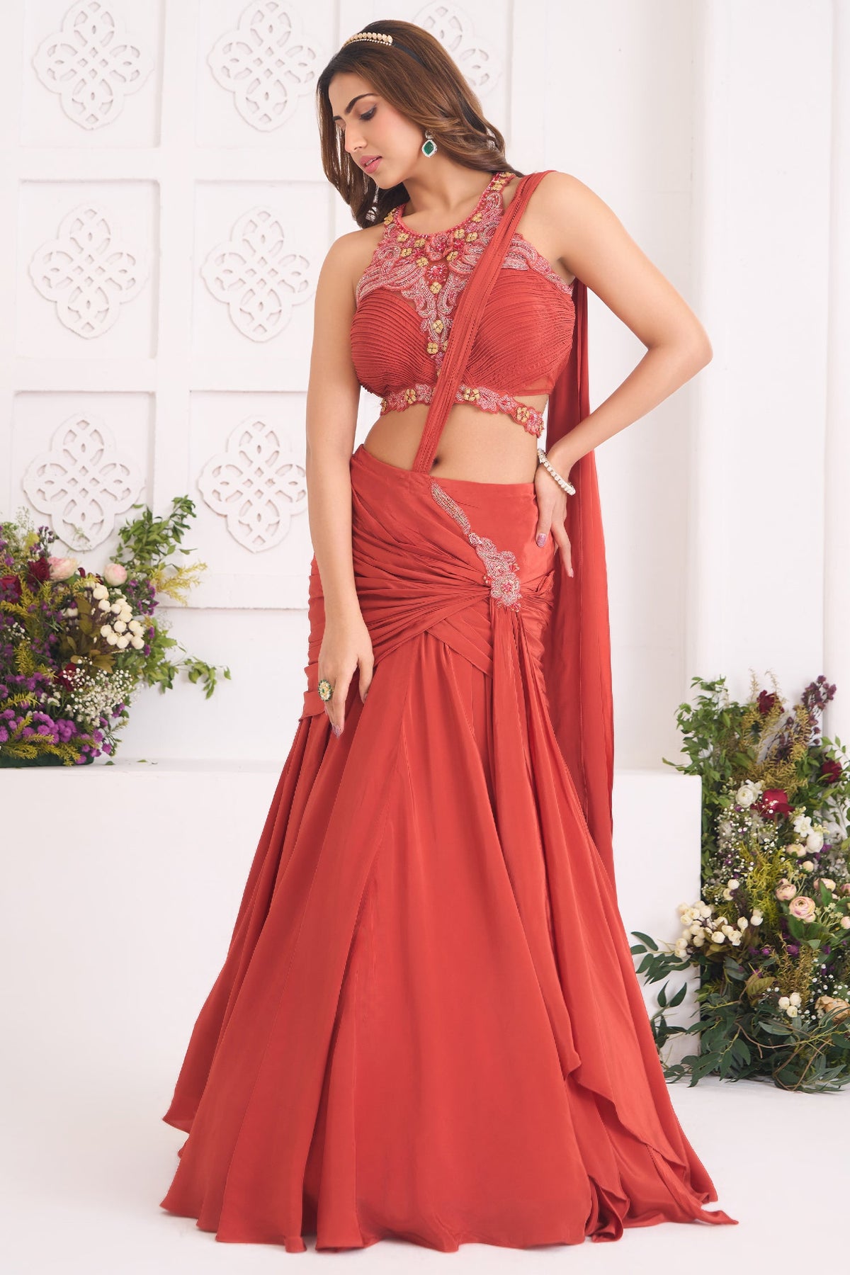 Rust Orange Satin Crepe Silk Draped Skirt Set with Halter-Neck Pleated Bustier and Attached Dupatta