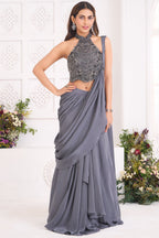 Charcoal Grey Pre-Draped Skirt Set featuring Halter-Neck Sequin Cutdana Bustier with Attached Dupatta