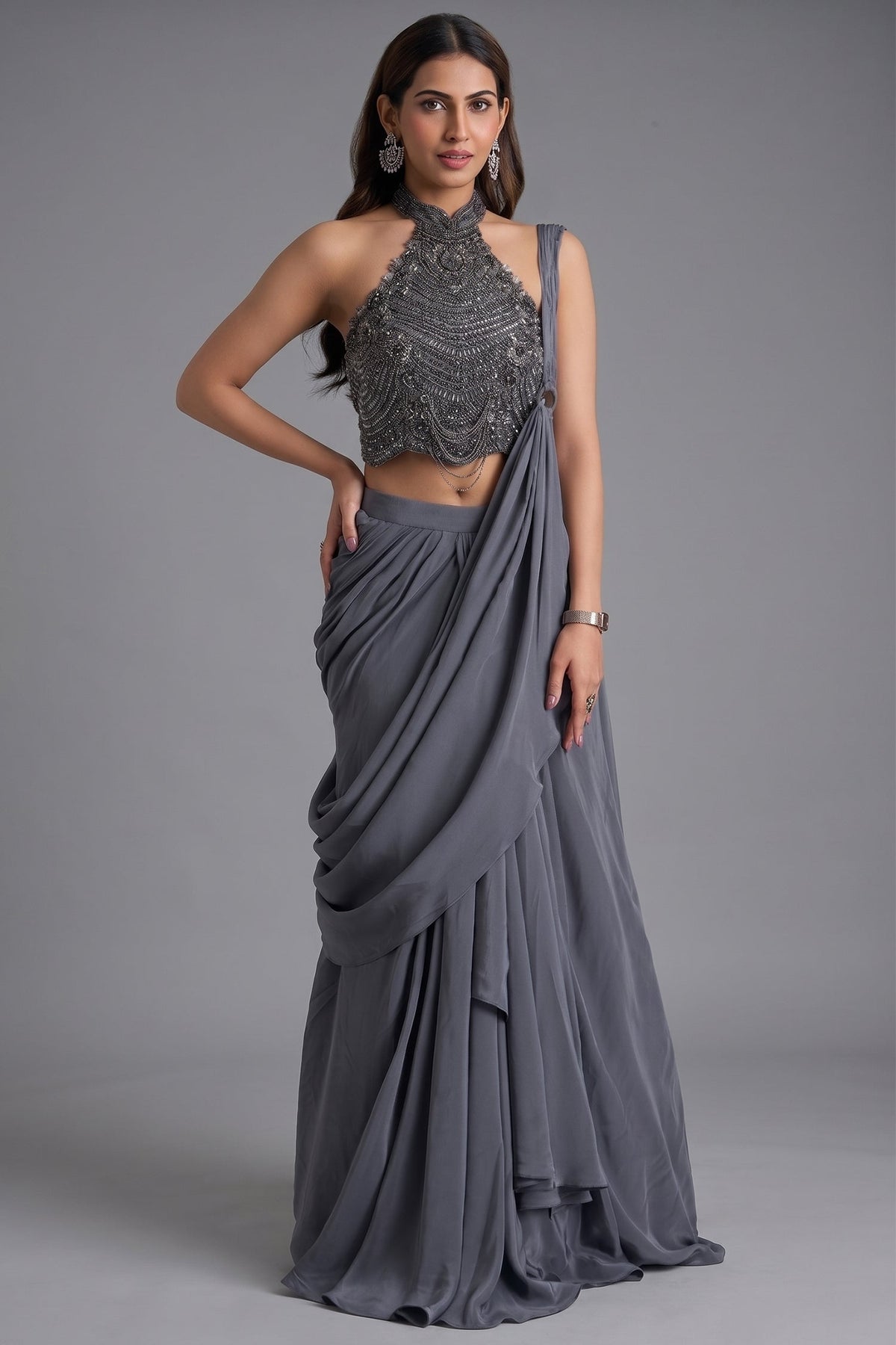 Charcoal Grey Pre-Draped Skirt Set featuring Halter-Neck Sequin Cutdana Bustier with Attached Dupatta
