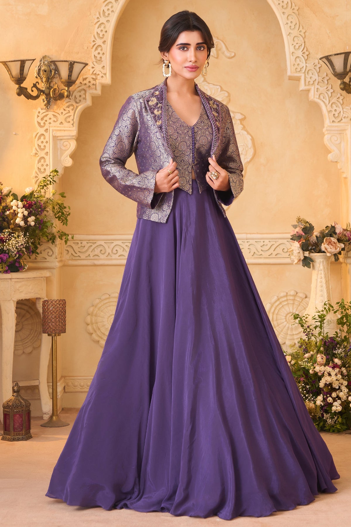 Deep Purple Crepe Satin Silk Flare Lehenga featuring Tailored Brocade Cropped Jacket and Corset Set