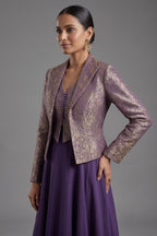 Deep Purple Crepe Satin Silk Flare Lehenga featuring Tailored Brocade Cropped Jacket and Corset Set