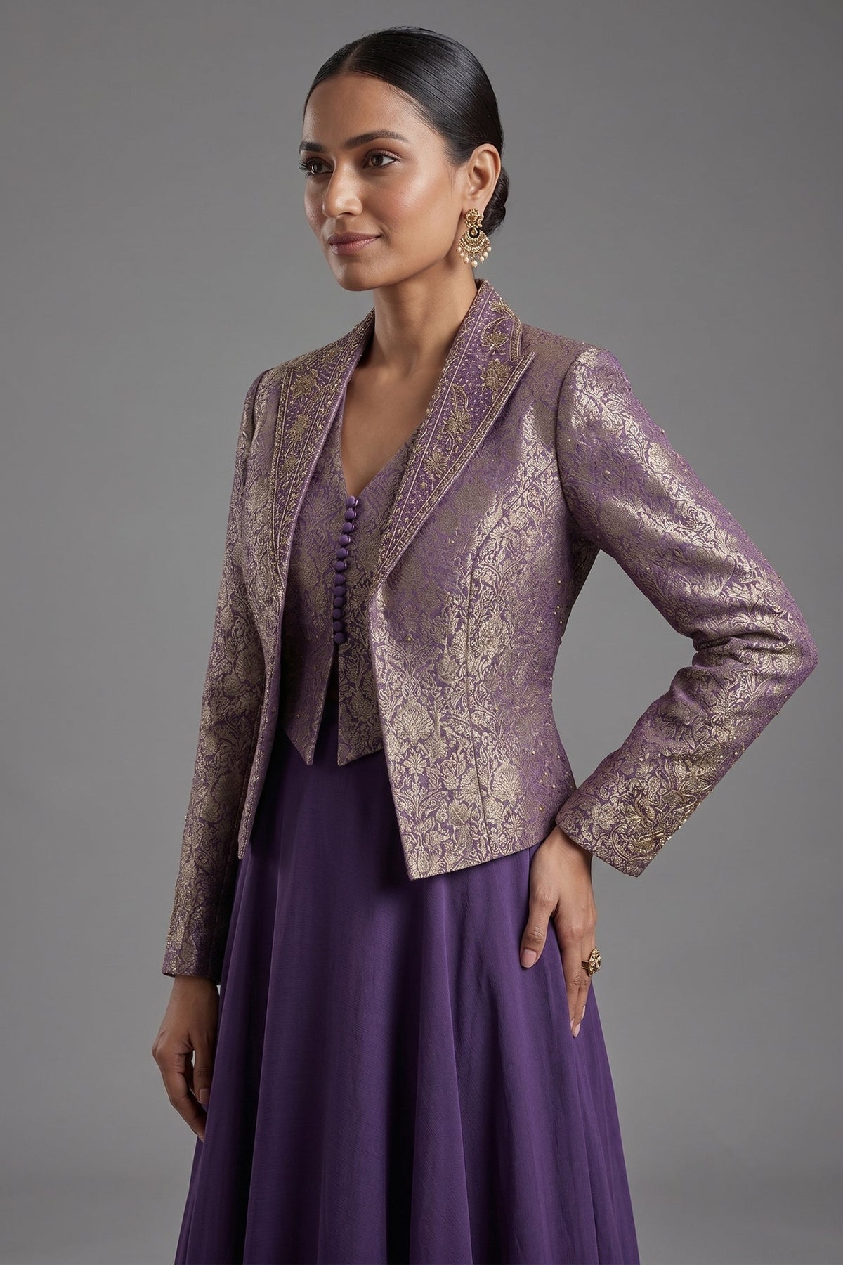 Deep Purple Crepe Satin Silk Flare Lehenga featuring Tailored Brocade Cropped Jacket and Corset Set