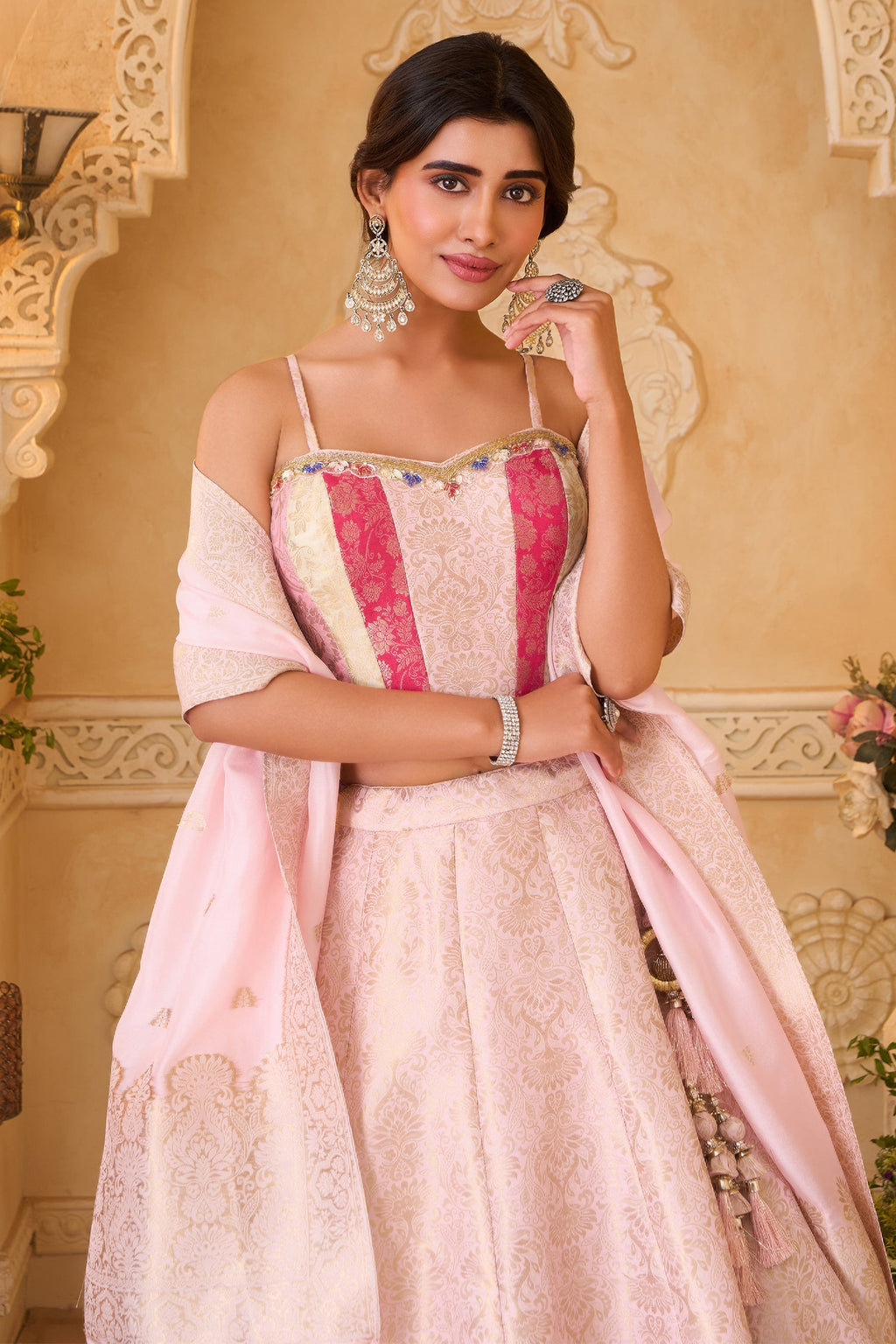 Pastel Pink Brocade Lehenga Set featuring Paneled Multi-Tonal Woven Corset and Banarasi Dupatta