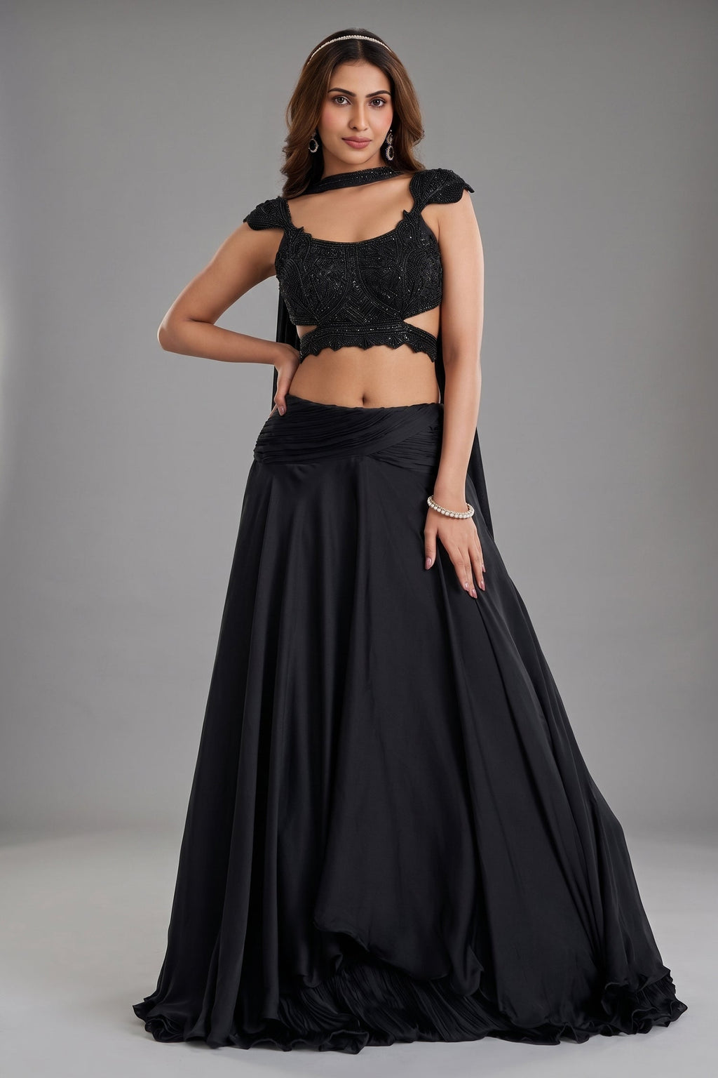 Midnight Black Chinon Satin Layered Lehenga with Heavily Hand-Embellished Cutout Blouse and Choker Dupatta