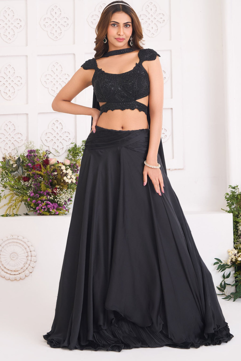 Midnight Black Chinon Satin Layered Lehenga with Heavily Hand-Embellished Cutout Blouse and Choker Dupatta