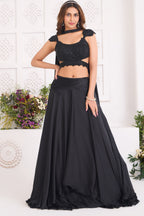 Midnight Black Chinon Satin Layered Lehenga with Heavily Hand-Embellished Cutout Blouse and Choker Dupatta