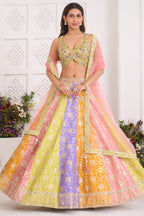 Multi-Color Paneled Banarasi Lehenga featuring Sequin-Beaded V-Neck Choli