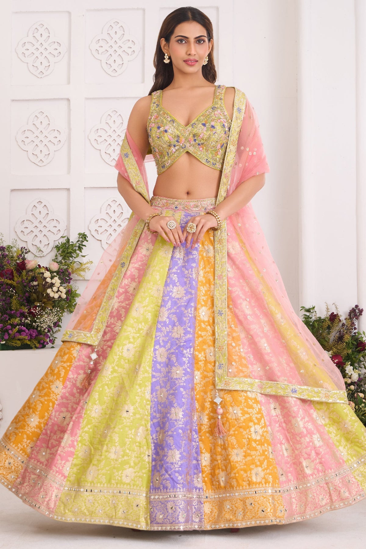 Multi-Color Paneled Banarasi Lehenga featuring Sequin-Beaded V-Neck Choli