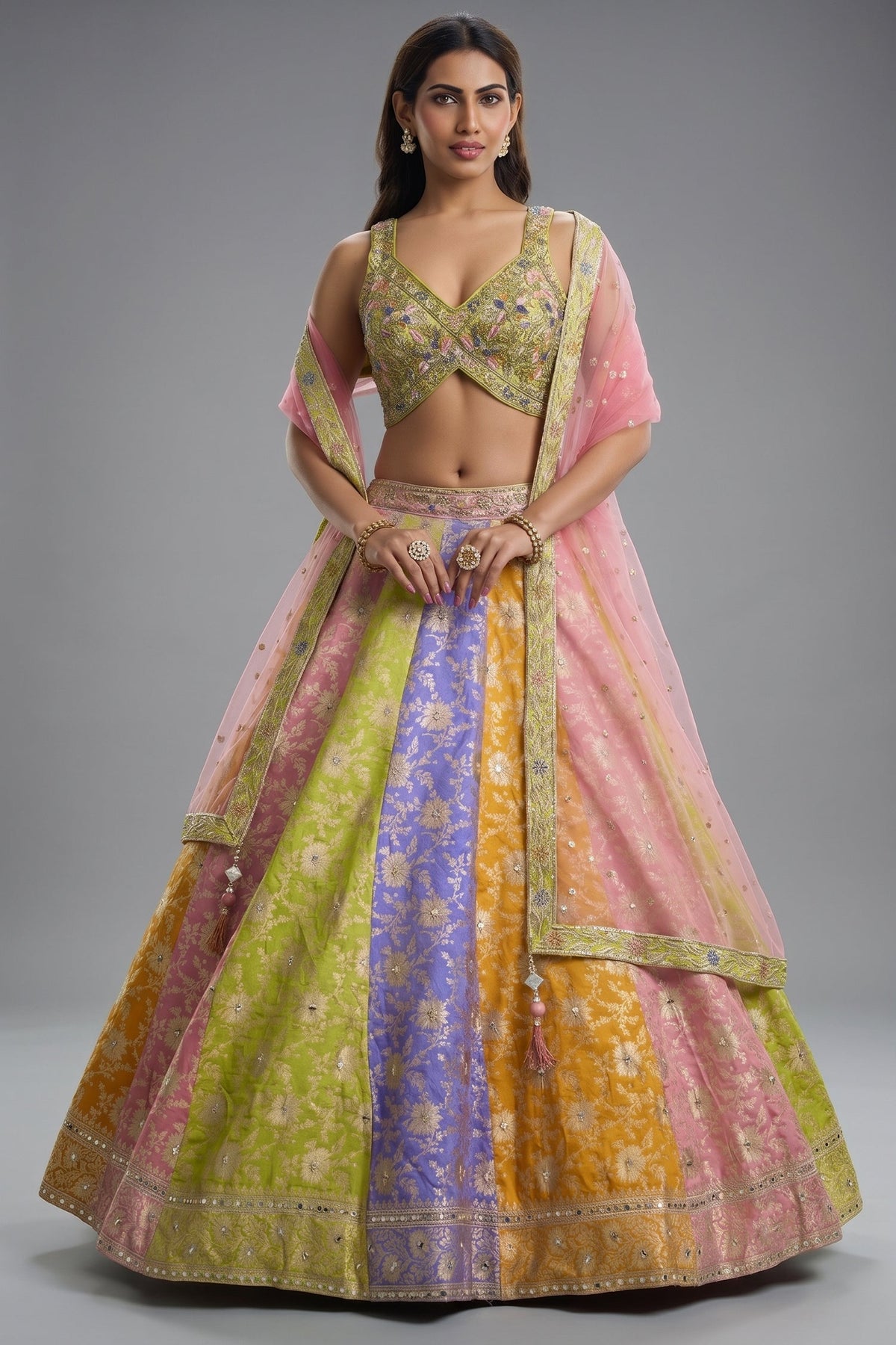 Multi-Color Paneled Banarasi Lehenga featuring Sequin-Beaded V-Neck Choli