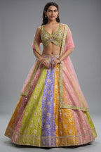 Multi-Color Paneled Banarasi Lehenga featuring Sequin-Beaded V-Neck Choli