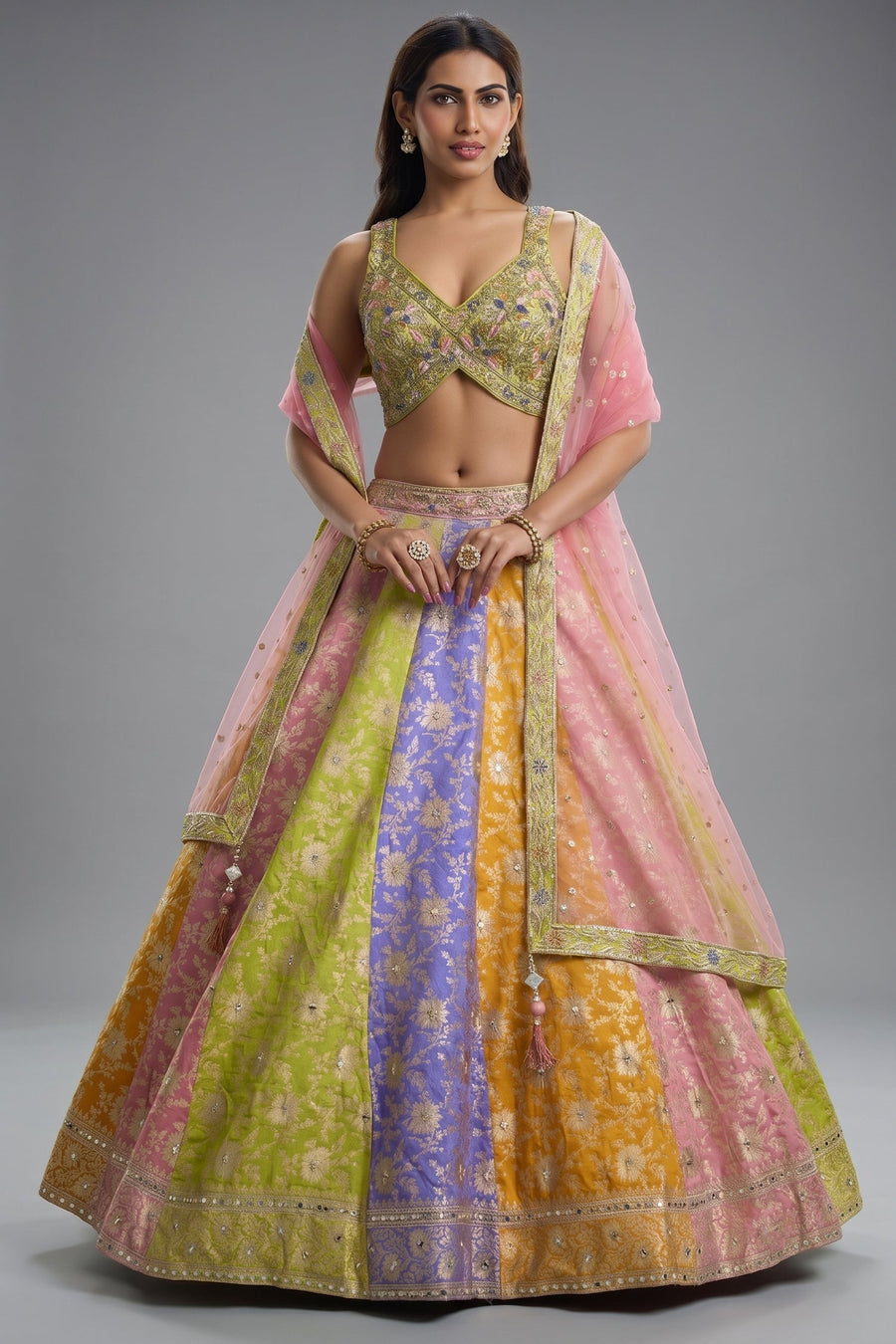 Multi-Color Paneled Banarasi Lehenga featuring Sequin-Beaded V-Neck Choli