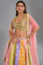 Multi-Color Paneled Banarasi Lehenga featuring Sequin-Beaded V-Neck Choli