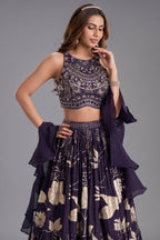 Deep Wine Purple Woven Lehenga Set featuring Sequin Cutdana Illusion Crop Top
