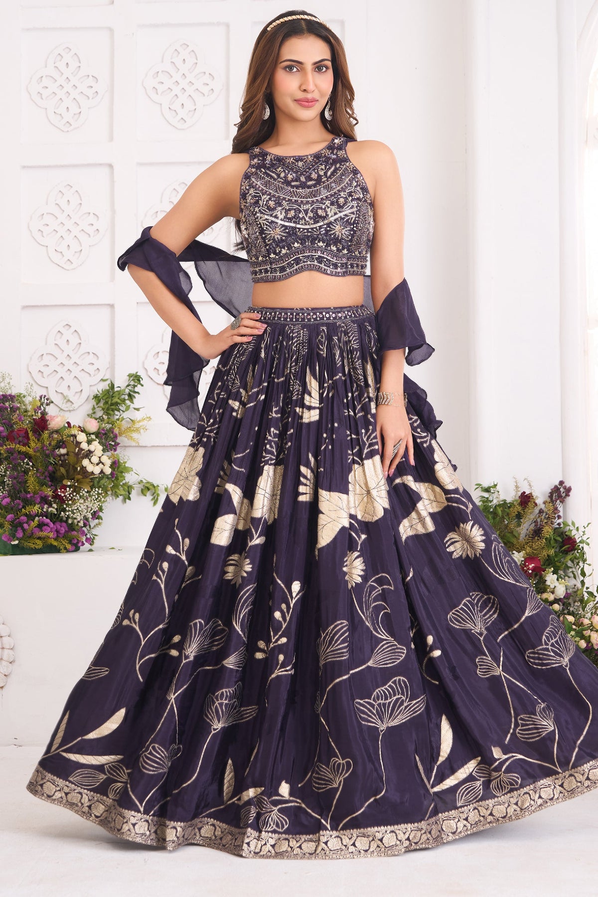 Deep Wine Purple Woven Lehenga Set featuring Sequin Cutdana Illusion Crop Top