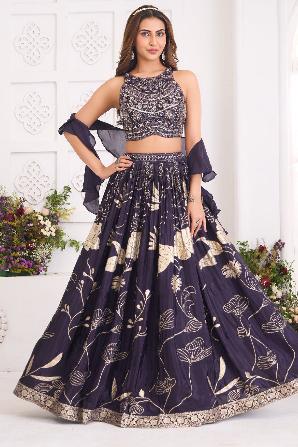 Deep Wine Purple Woven Lehenga Set featuring Sequin Cutdana Illusion Crop Top